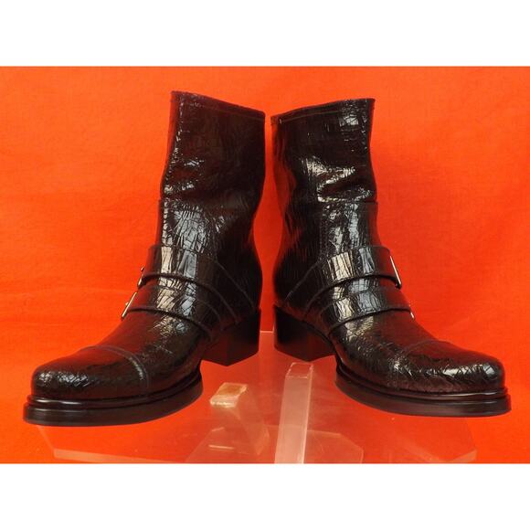 NEW MIU MIU PRADA BLACK CRACKED LEATHER MOTO BIKER 2X BELTED SHORT BOOTS 37 $895 - Picture 2 of 12